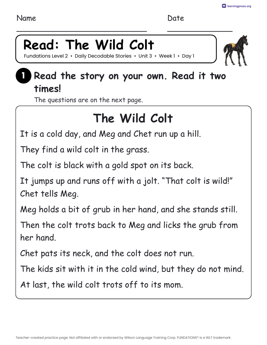 Preview page 1 of Fundations Level 2 Unit 3 Daily Decodable Stories
