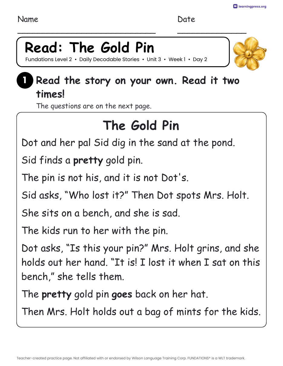 Preview page 2 of Fundations Level 2 Unit 3 Daily Decodable Stories