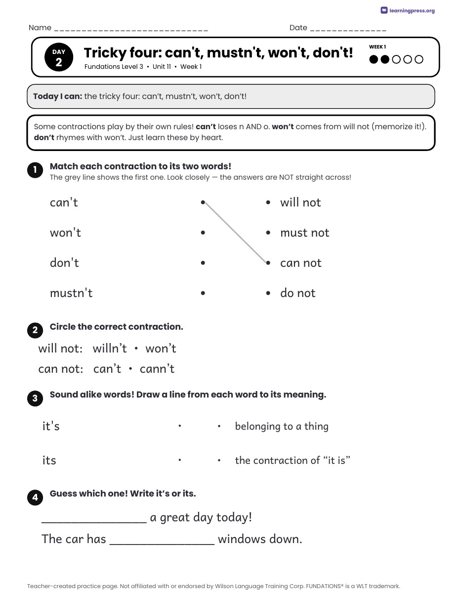 Preview page 1 of Fundations Level 3 Unit 11 Daily Lesson Work Pages