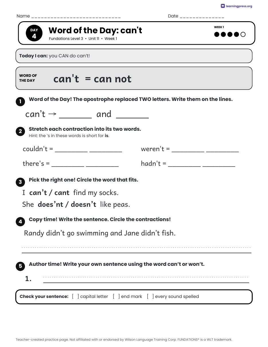 Preview page 2 of Fundations Level 3 Unit 11 Daily Lesson Work Pages