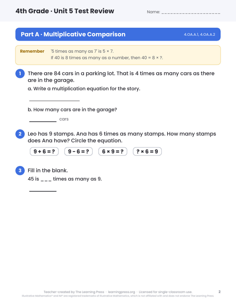 Preview page 1 of Illustrative Math (IM®) Aligned 4th Grade Unit 5 Test Review