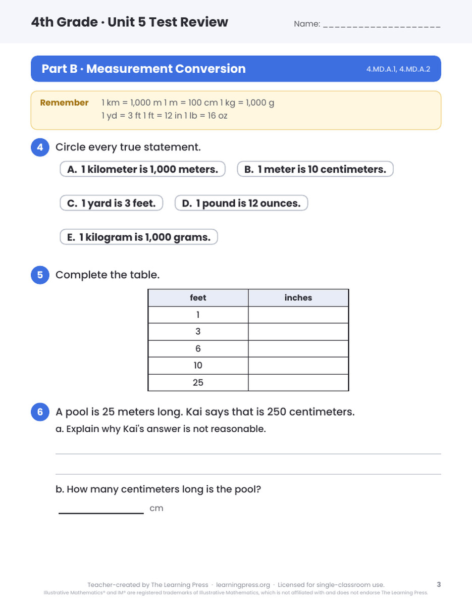 Preview page 2 of Illustrative Math (IM®) Aligned 4th Grade Unit 5 Test Review