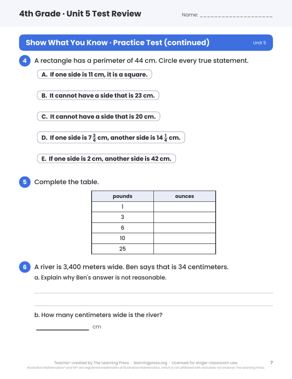 Preview page 4 of Illustrative Math (IM®) Aligned 4th Grade Unit 5 Test Review