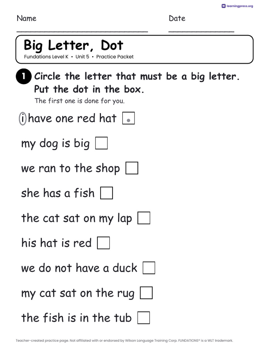 Preview page 1 of Fundations Level K Unit 5 Practice Packet