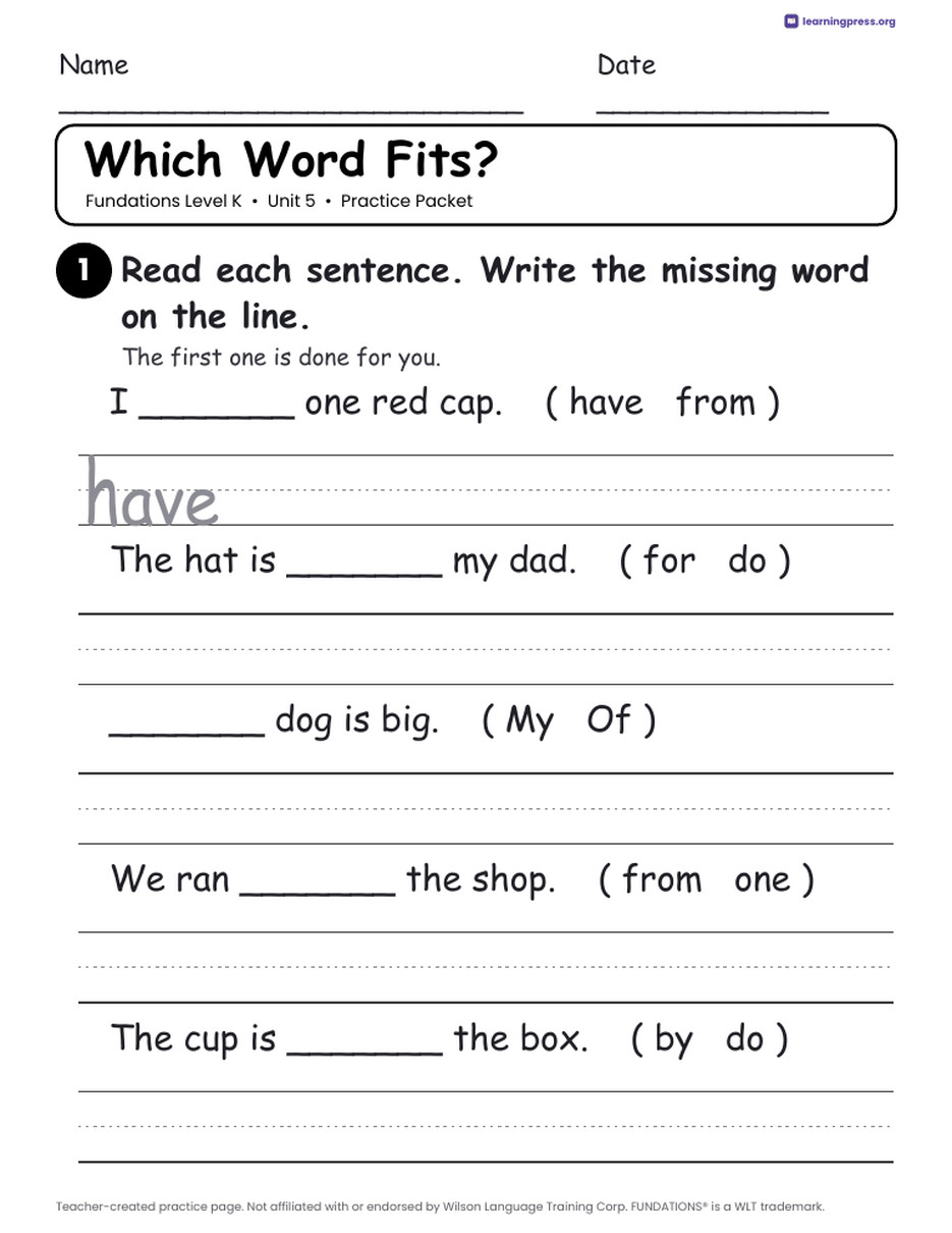 Preview page 2 of Fundations Level K Unit 5 Practice Packet