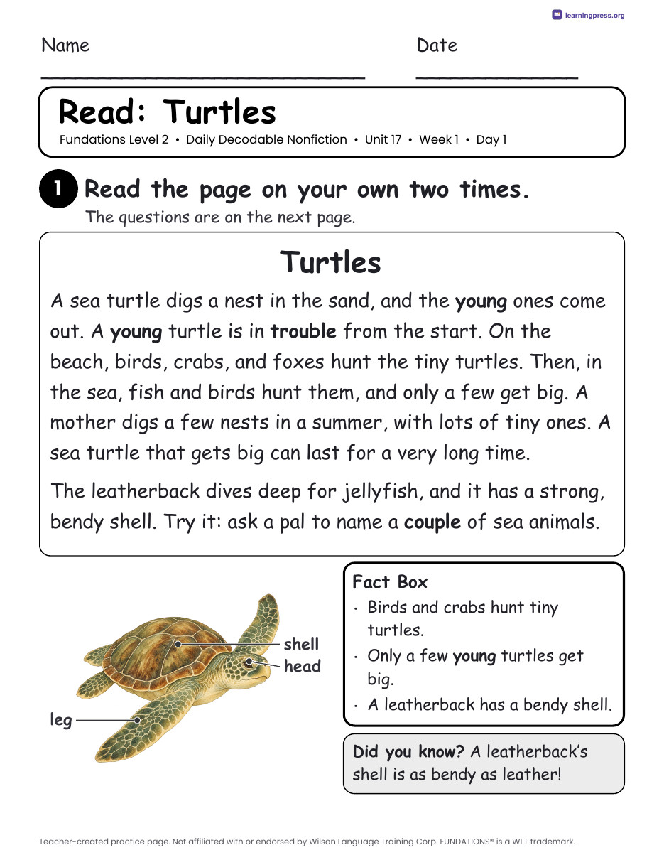 Preview page 1 of Fundations-Aligned Daily Decodable Nonfiction · Level 2 Unit 17
