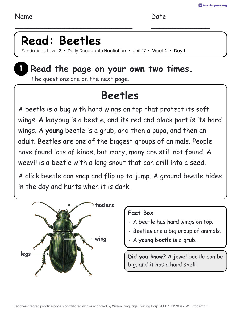 Preview page 4 of Fundations-Aligned Daily Decodable Nonfiction · Level 2 Unit 17
