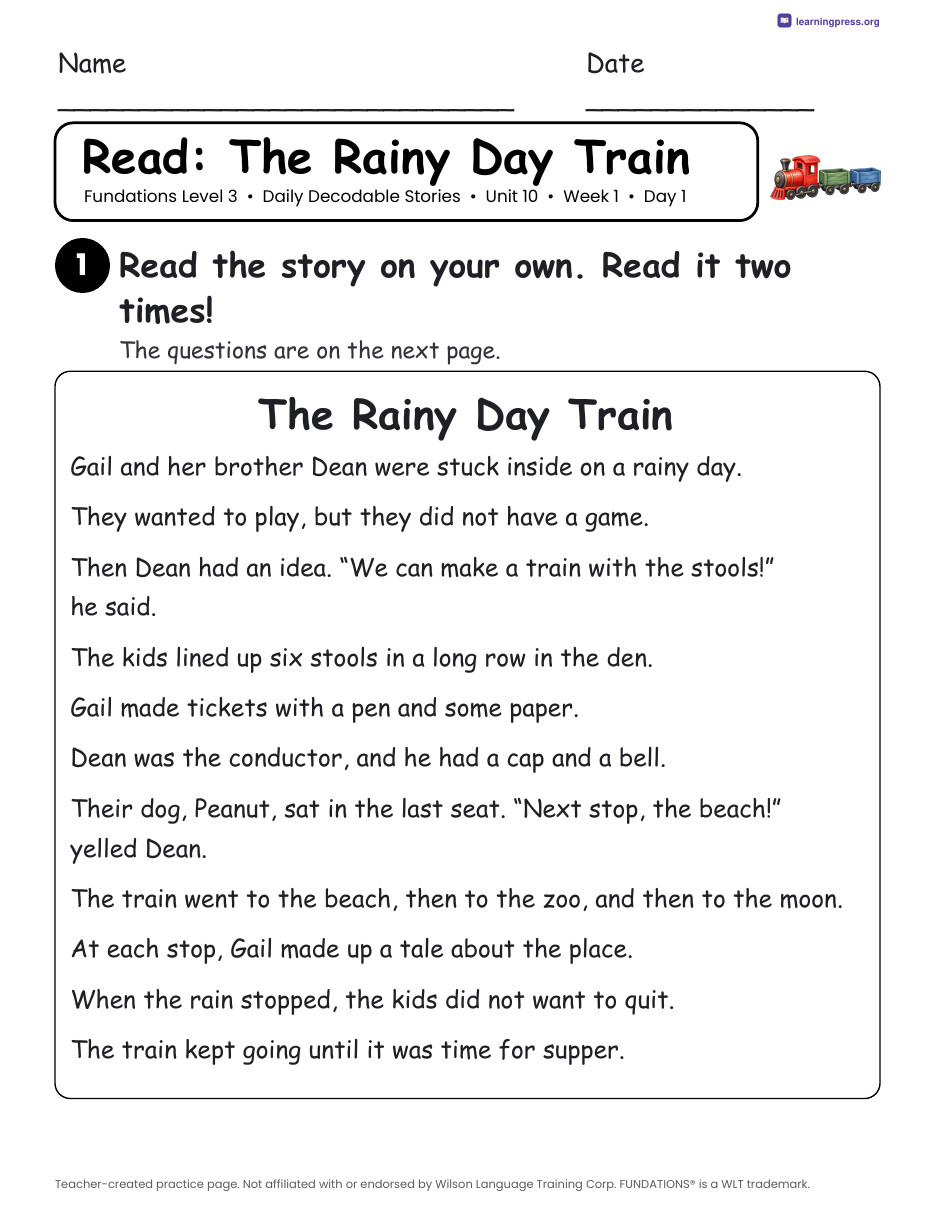 Preview page 1 of Fundations Level 3 Unit 10 Daily Decodable Stories
