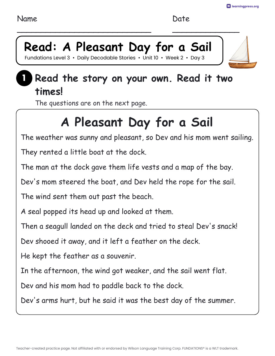 Preview page 3 of Fundations Level 3 Unit 10 Daily Decodable Stories