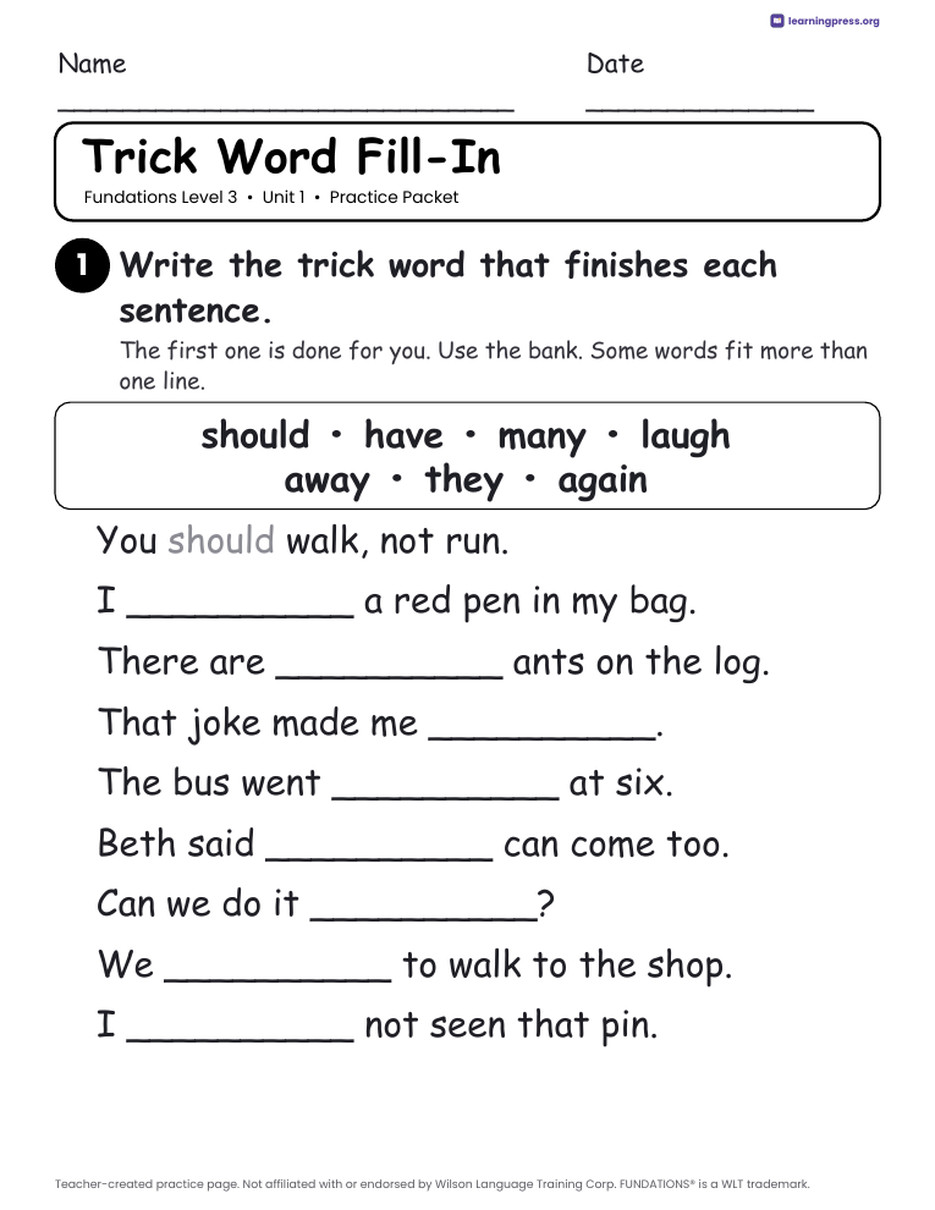 Preview page 3 of Fundations Level 3 Unit 1 Practice Packet