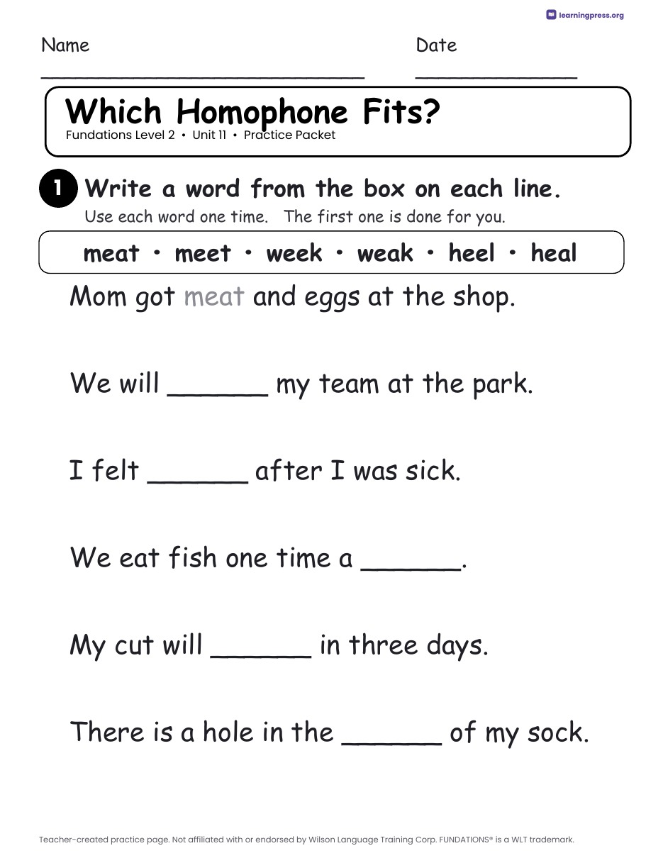 Preview page 2 of Fundations Level 2 Unit 11 Practice Packet