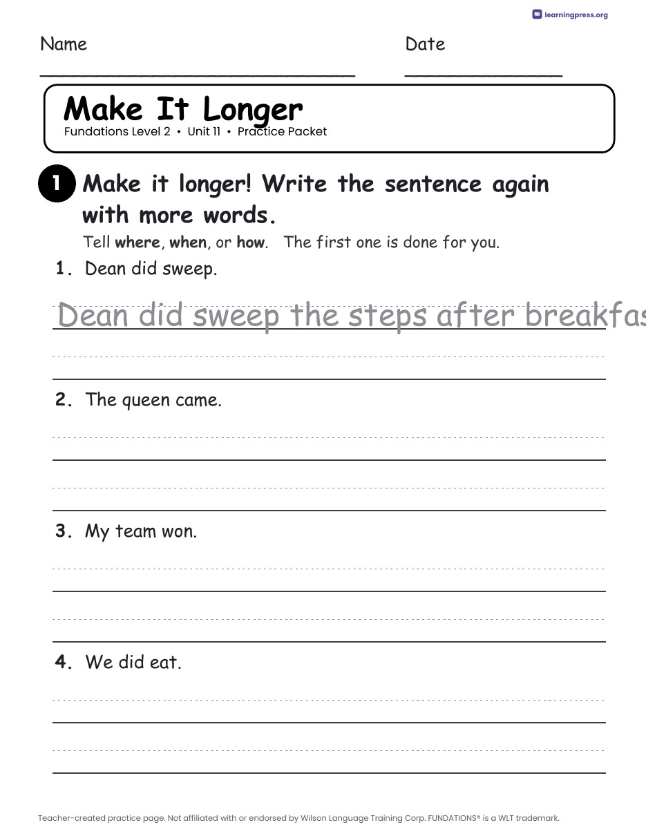Preview page 4 of Fundations Level 2 Unit 11 Practice Packet