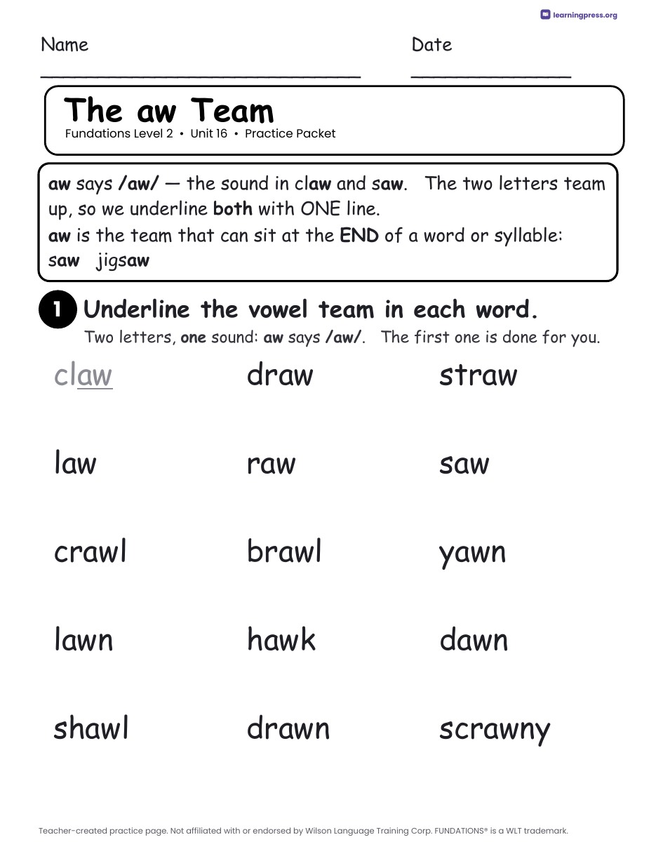 Preview page 1 of Fundations Level 2 Unit 16 Practice Packet