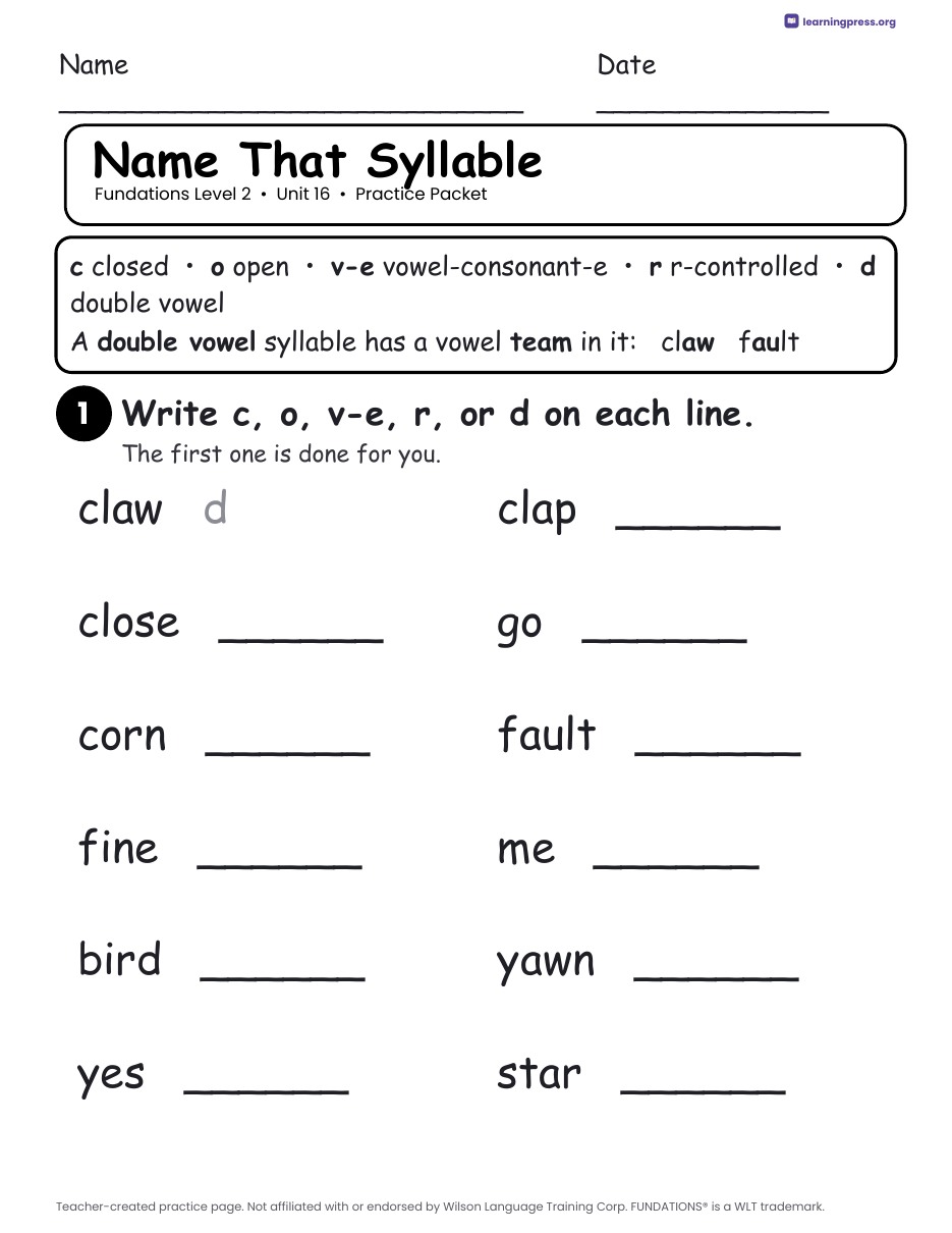 Preview page 2 of Fundations Level 2 Unit 16 Practice Packet