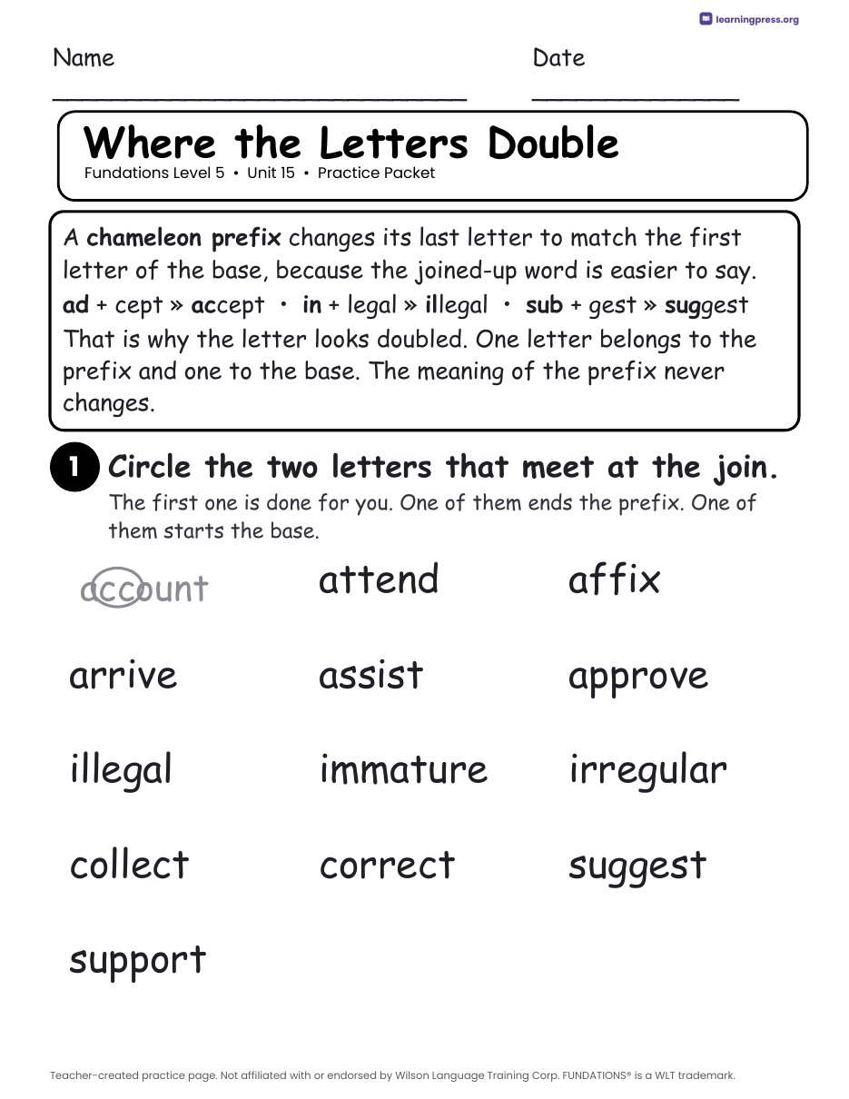 Preview page 1 of Fundations Level 5 Unit 15 Practice Packet
