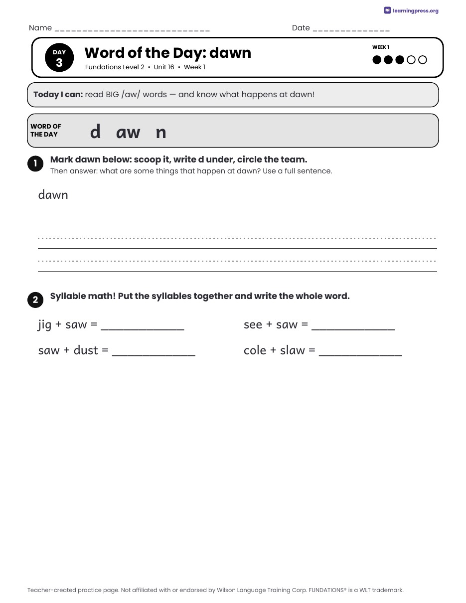 Preview page 3 of Fundations Level 2 Unit 16 Daily Lesson Work Pages