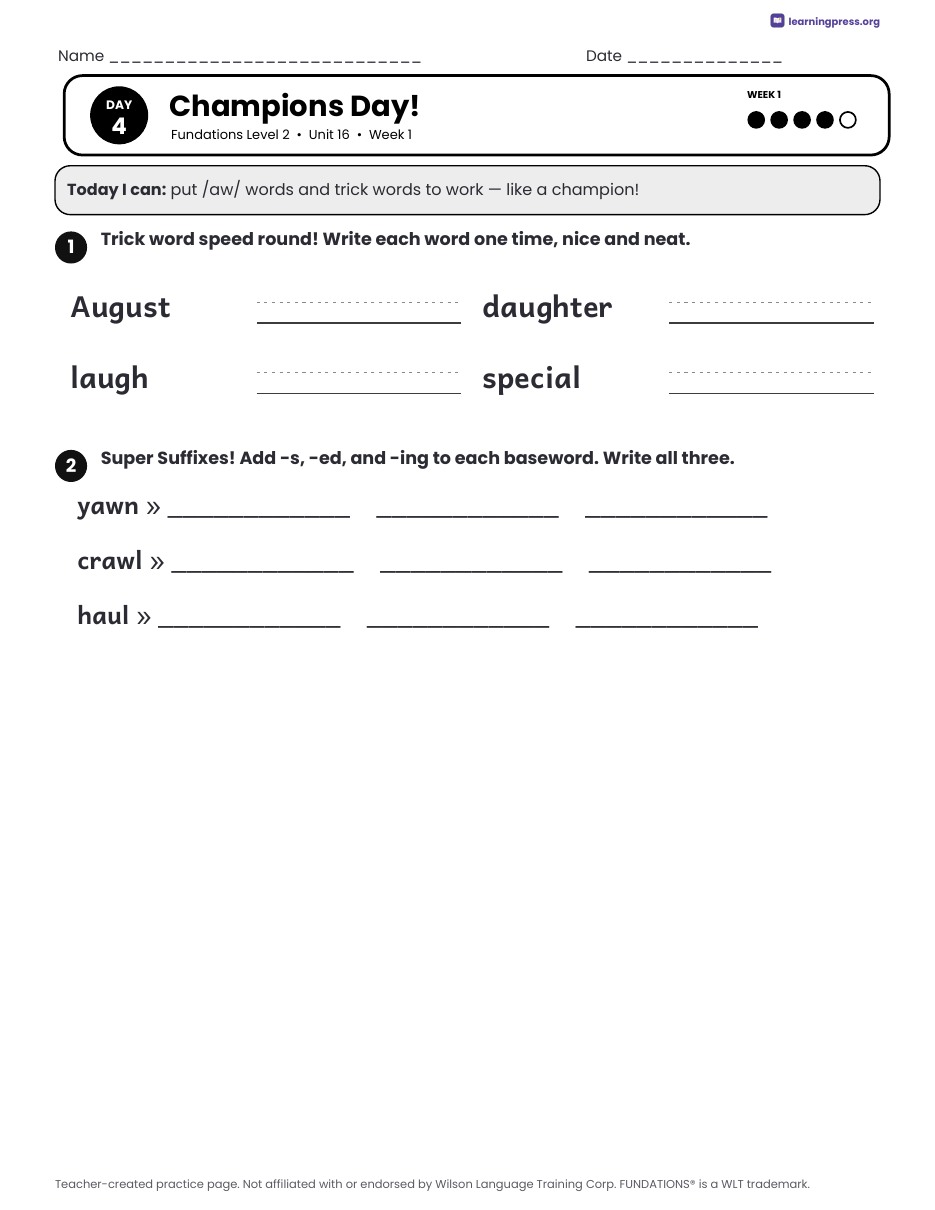 Preview page 4 of Fundations Level 2 Unit 16 Daily Lesson Work Pages