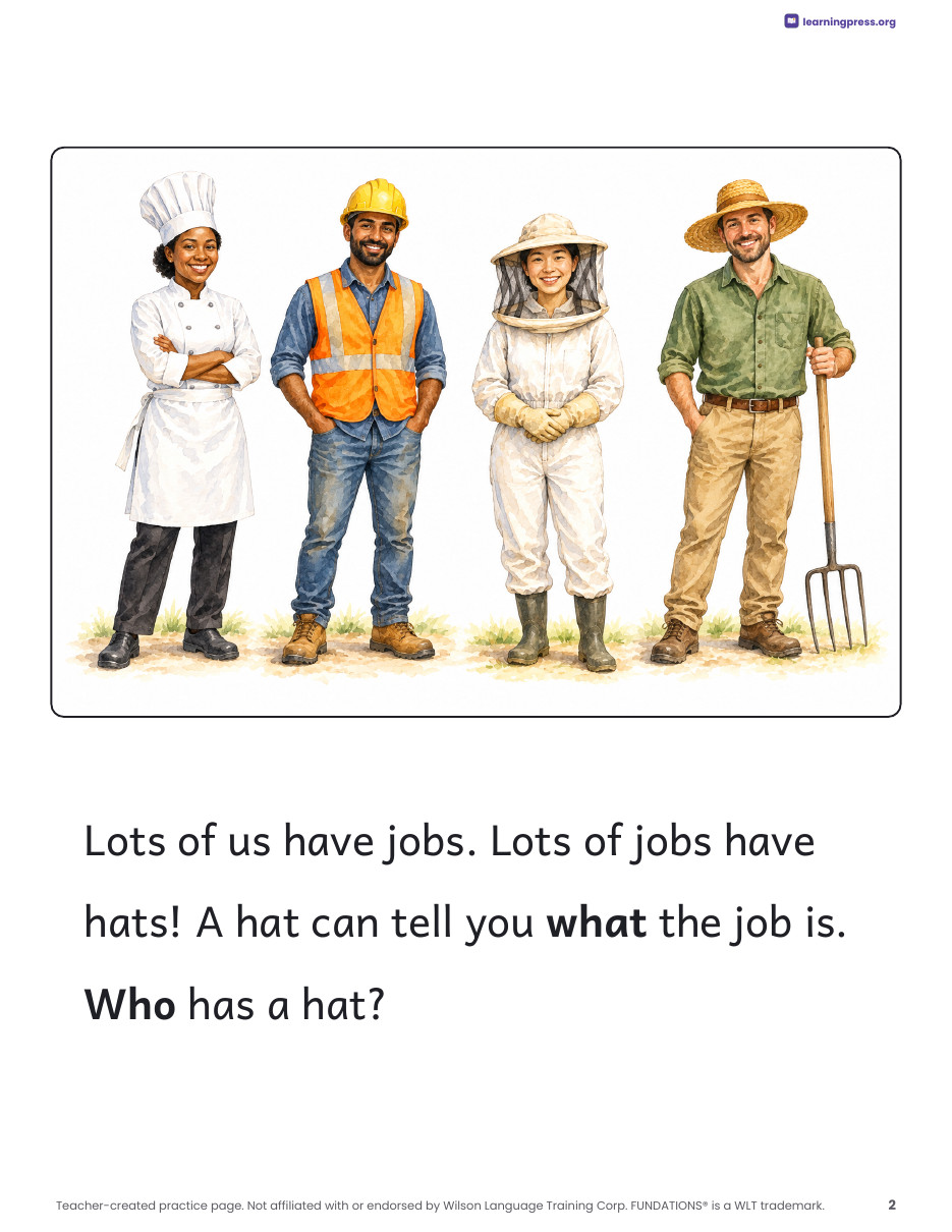 Preview page 1 of Fundations®-Aligned Decodable Nonfiction Book · Level 1 Unit 6: Job Hats