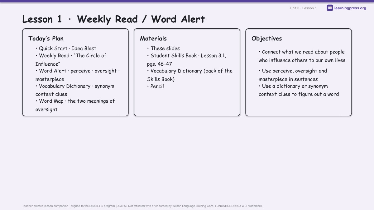Preview page 1 of Fundations Level 5 Unit 3 Lesson Slides