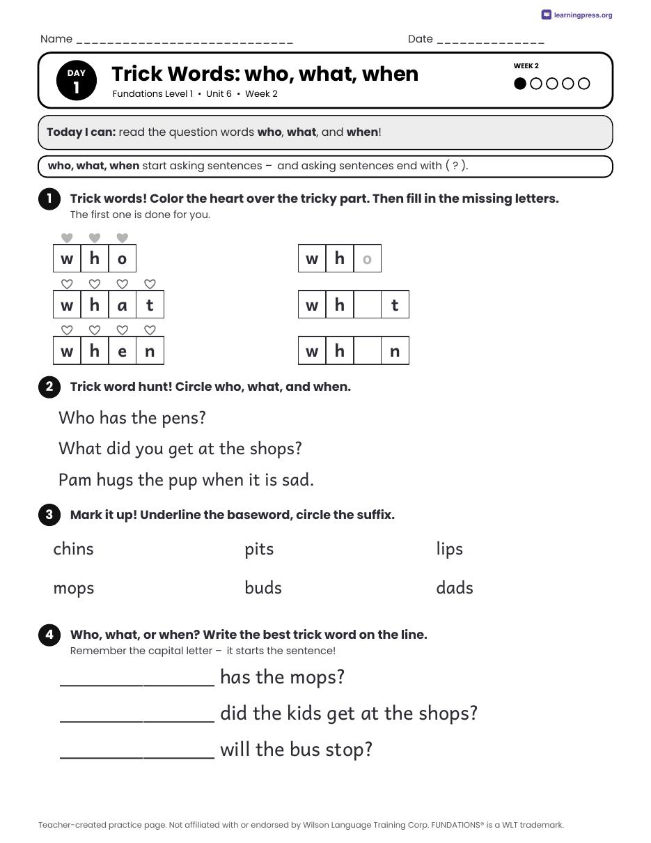 Preview page 2 of Fundations LEVEL 1 — Full-Year Daily Lesson Work Page Bundle (All Units 1–14)