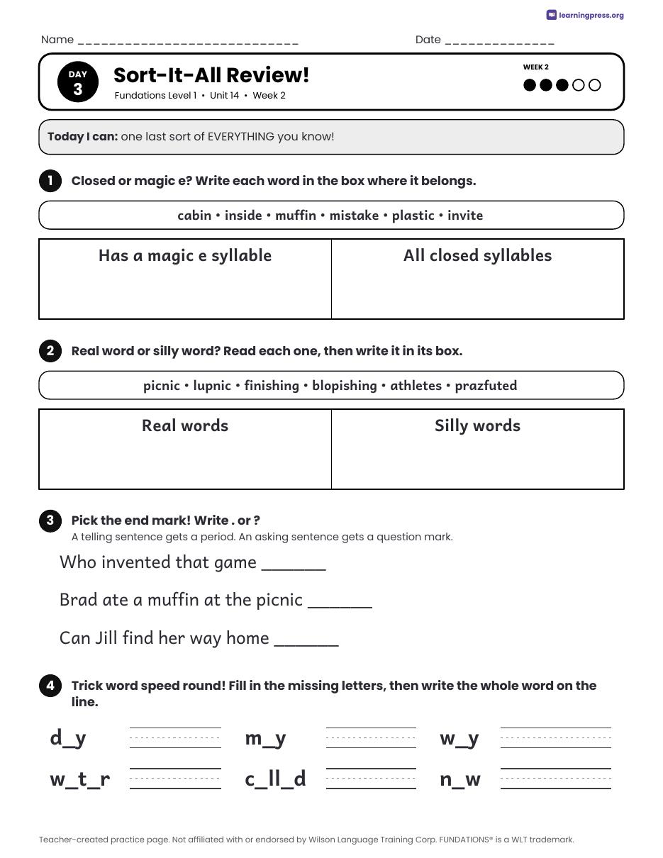 Preview page 4 of Fundations LEVEL 1 — Full-Year Daily Lesson Work Page Bundle (All Units 1–14)