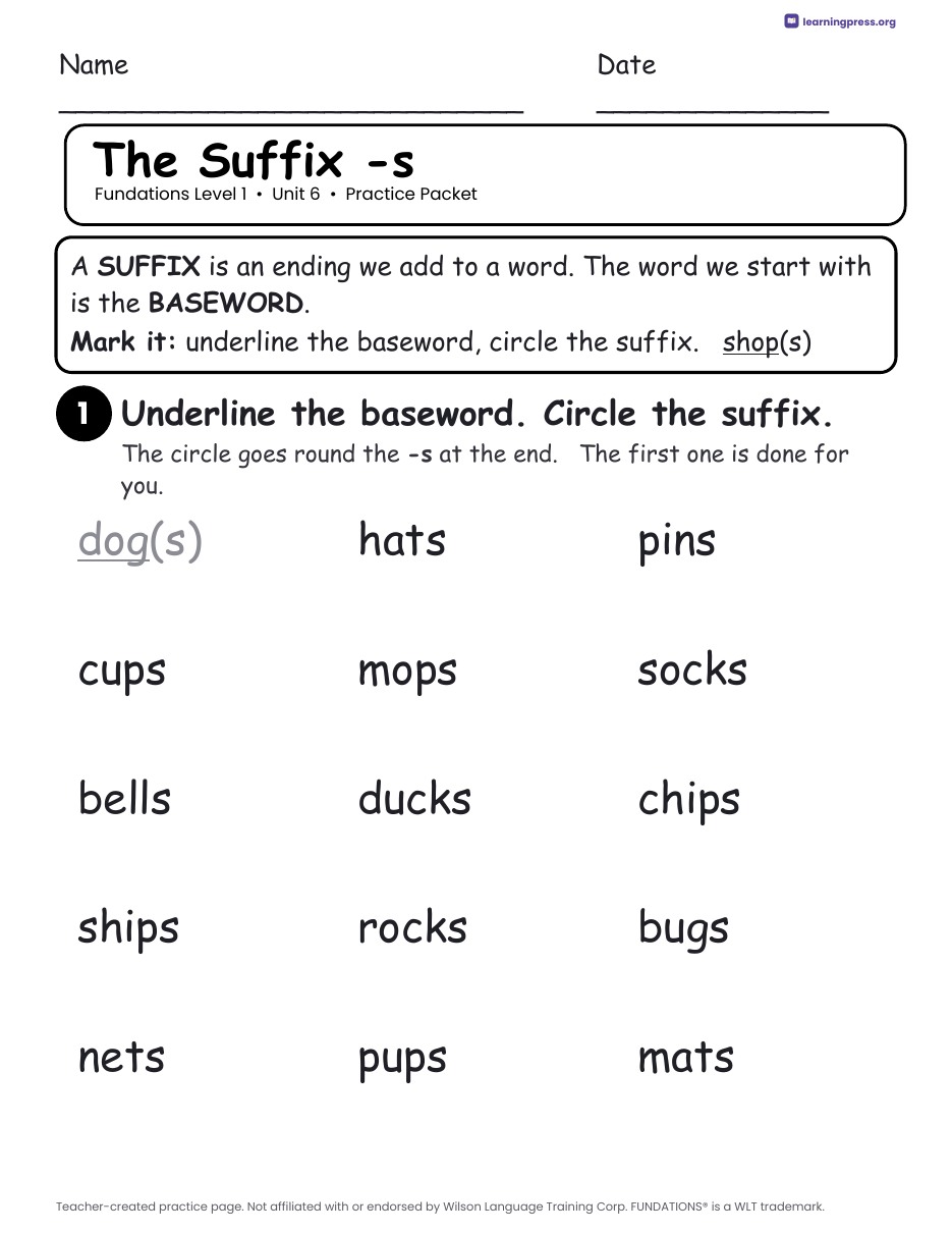 Preview page 1 of Fundations Level 1 Unit 6 Practice Packet