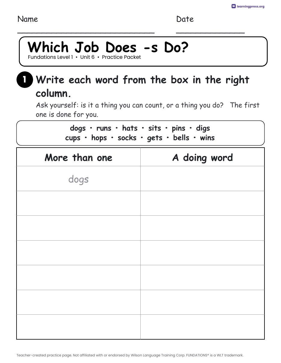 Preview page 2 of Fundations Level 1 Unit 6 Practice Packet