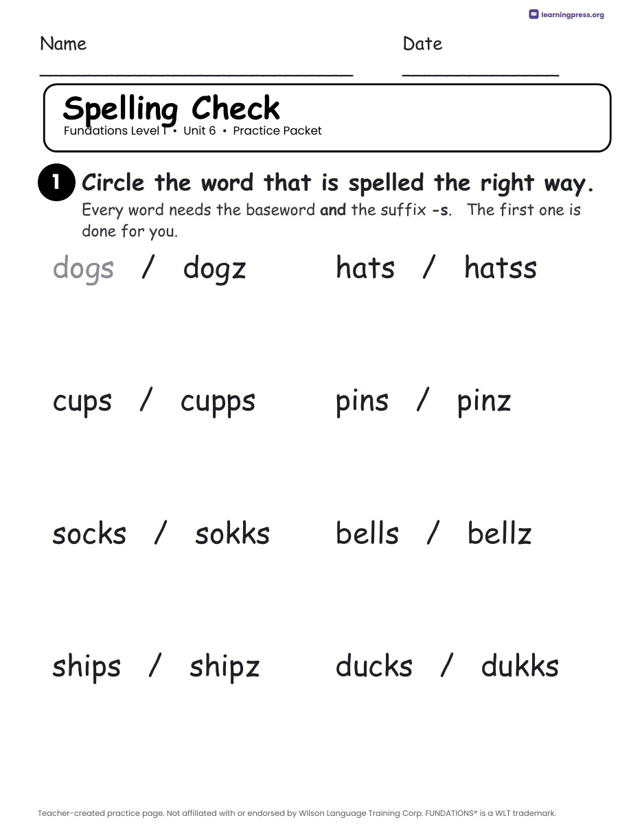 Preview page 3 of Fundations Level 1 Unit 6 Practice Packet