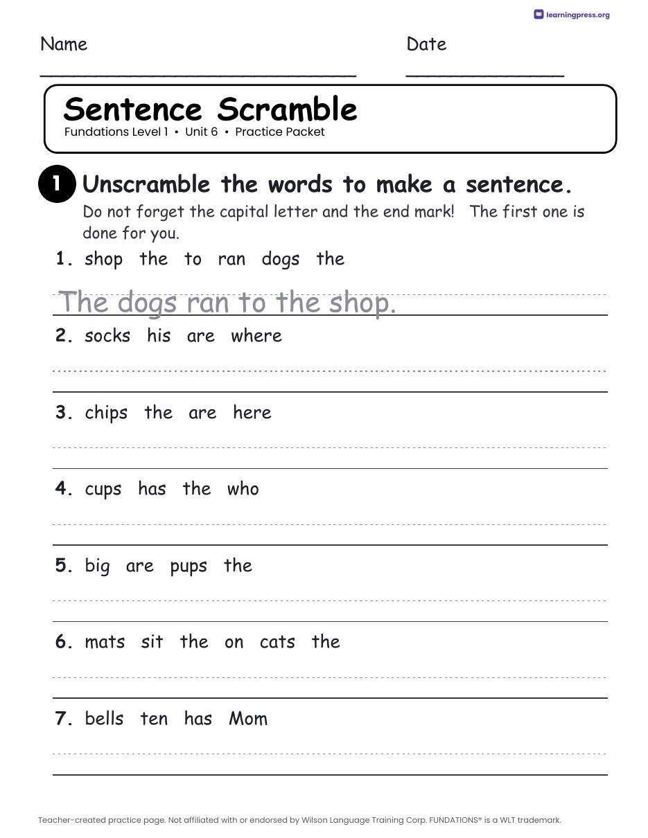 Preview page 4 of Fundations Level 1 Unit 6 Practice Packet