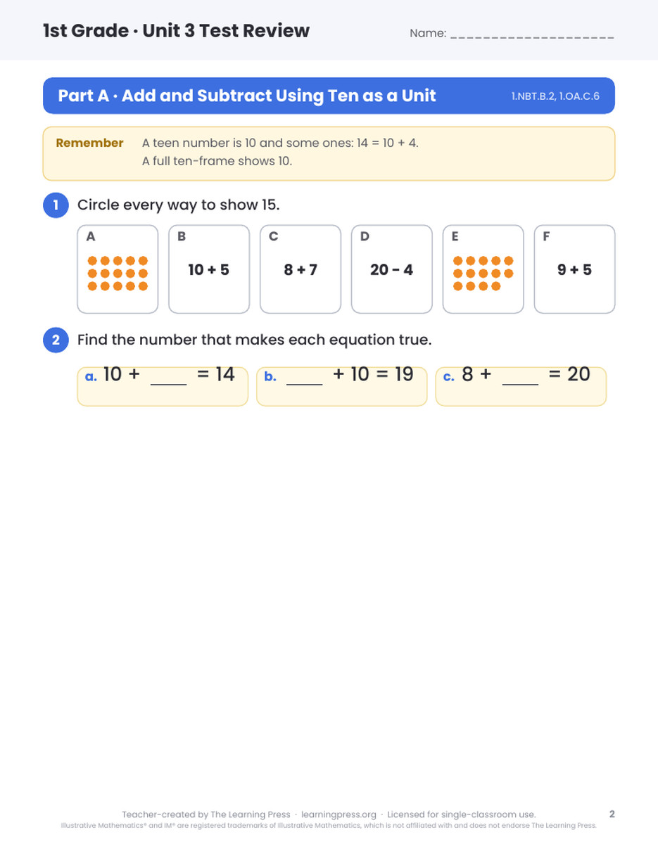 Preview page 1 of Illustrative Math (IM®) Aligned 1st Grade Unit 3 Test Review