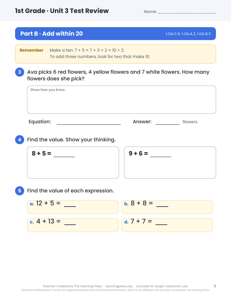 Preview page 2 of Illustrative Math (IM®) Aligned 1st Grade Unit 3 Test Review