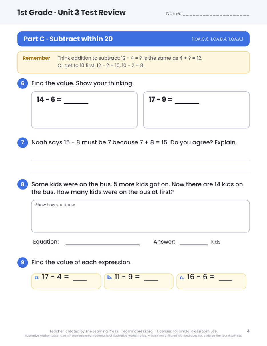 Preview page 3 of Illustrative Math (IM®) Aligned 1st Grade Unit 3 Test Review