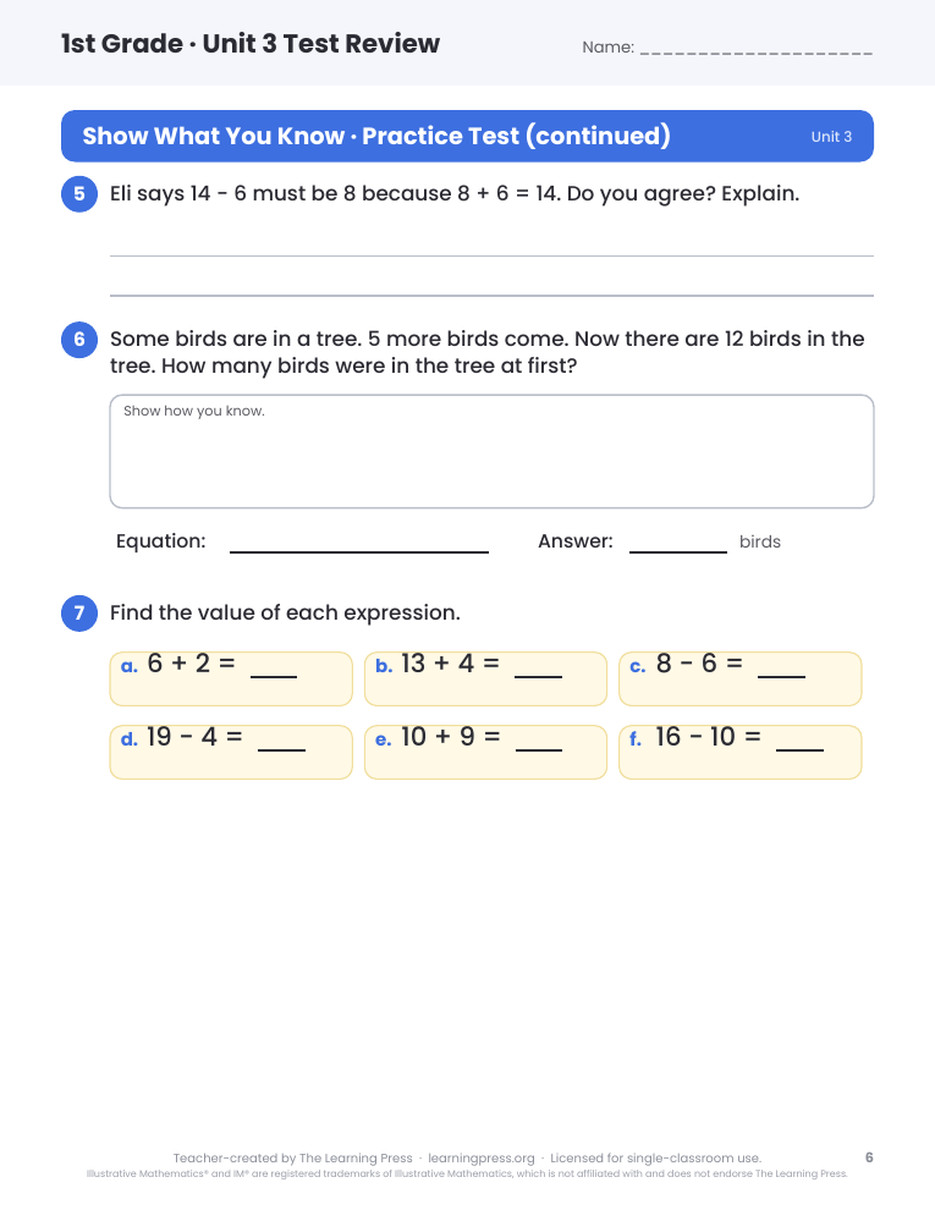 Preview page 4 of Illustrative Math (IM®) Aligned 1st Grade Unit 3 Test Review