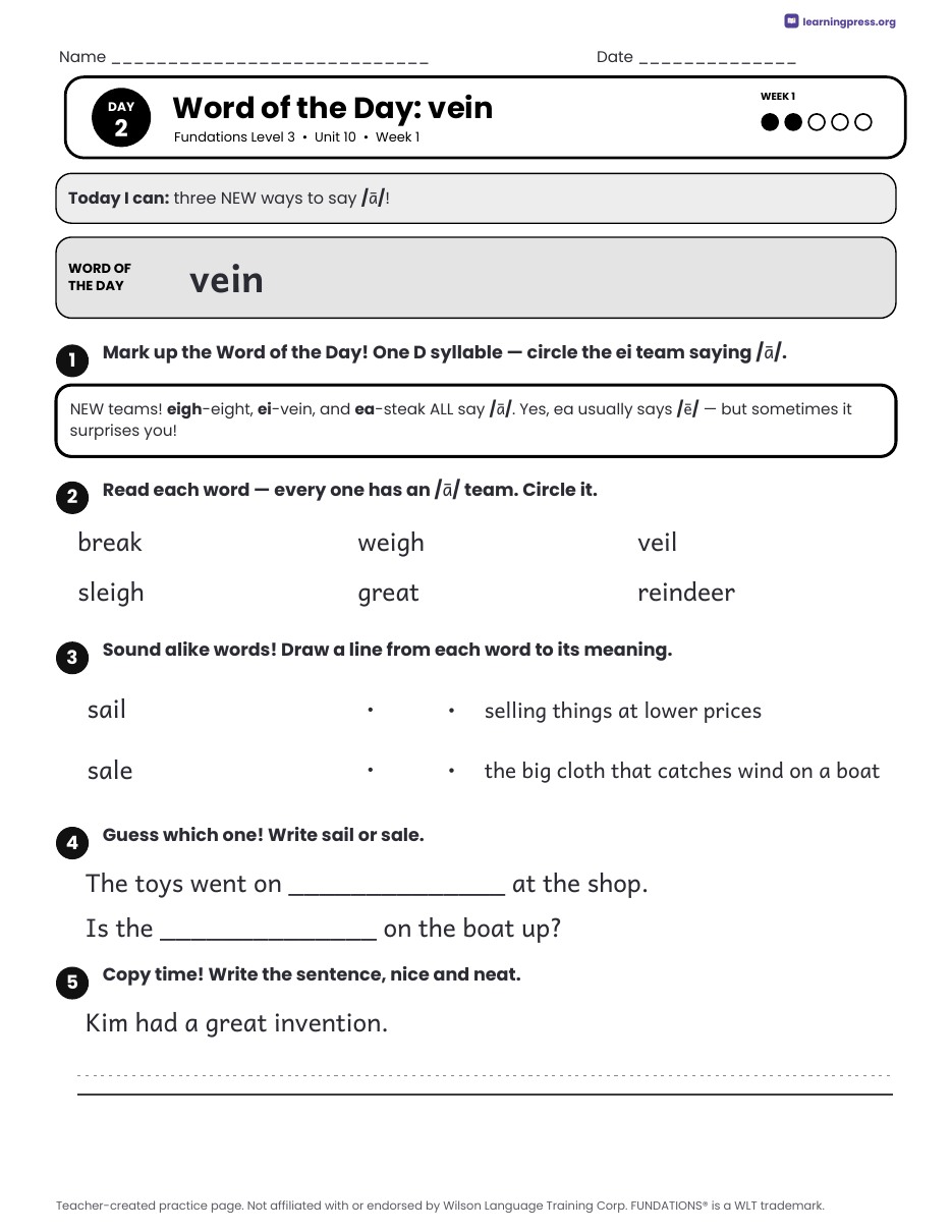 Preview page 1 of Fundations Level 3 Unit 10 Daily Lesson Work Pages