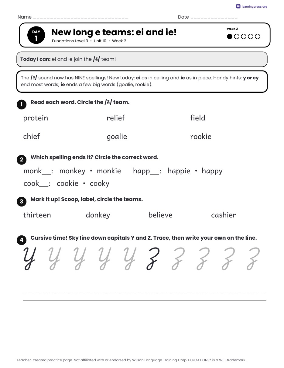 Preview page 2 of Fundations Level 3 Unit 10 Daily Lesson Work Pages