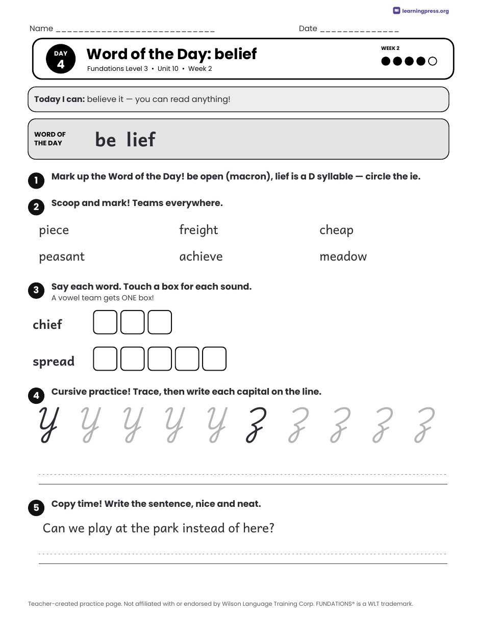 Preview page 3 of Fundations Level 3 Unit 10 Daily Lesson Work Pages