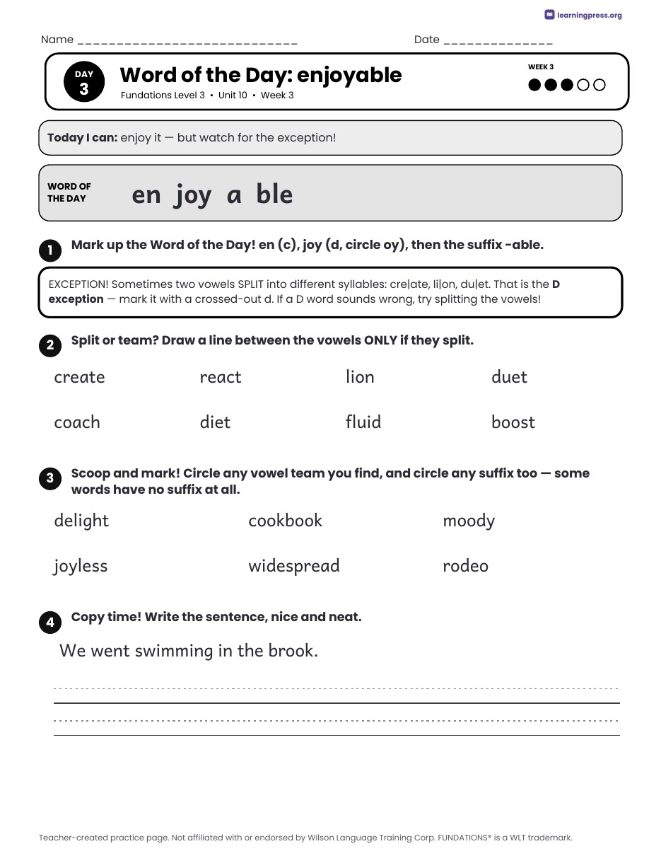 Preview page 4 of Fundations Level 3 Unit 10 Daily Lesson Work Pages