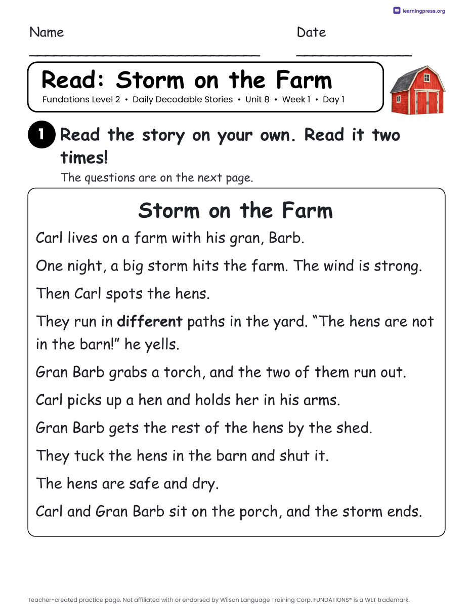 Preview page 1 of Fundations Level 2 Unit 8 Daily Decodable Stories