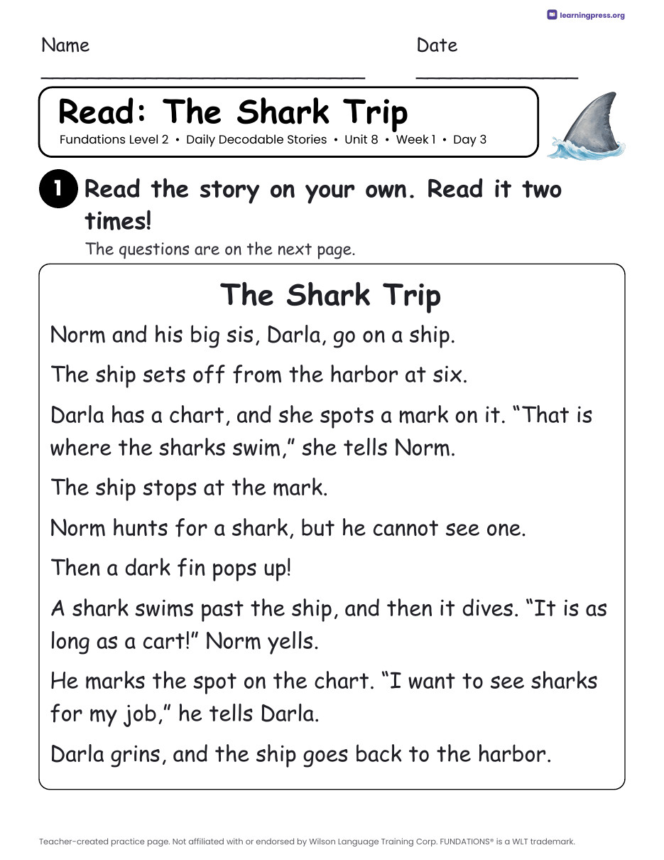 Preview page 3 of Fundations Level 2 Unit 8 Daily Decodable Stories