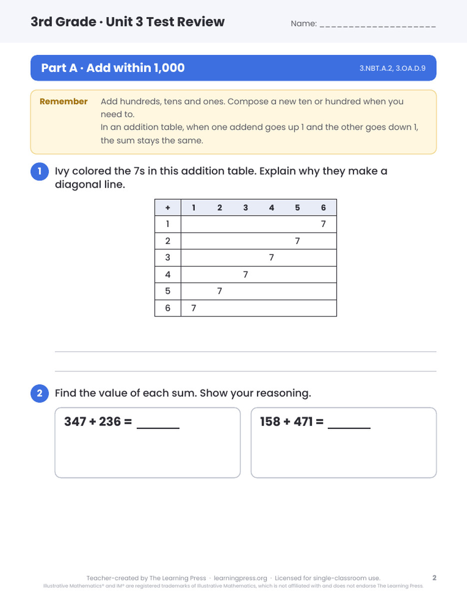 Preview page 1 of Illustrative Math (IM®) Aligned 3rd Grade Unit 3 Test Review