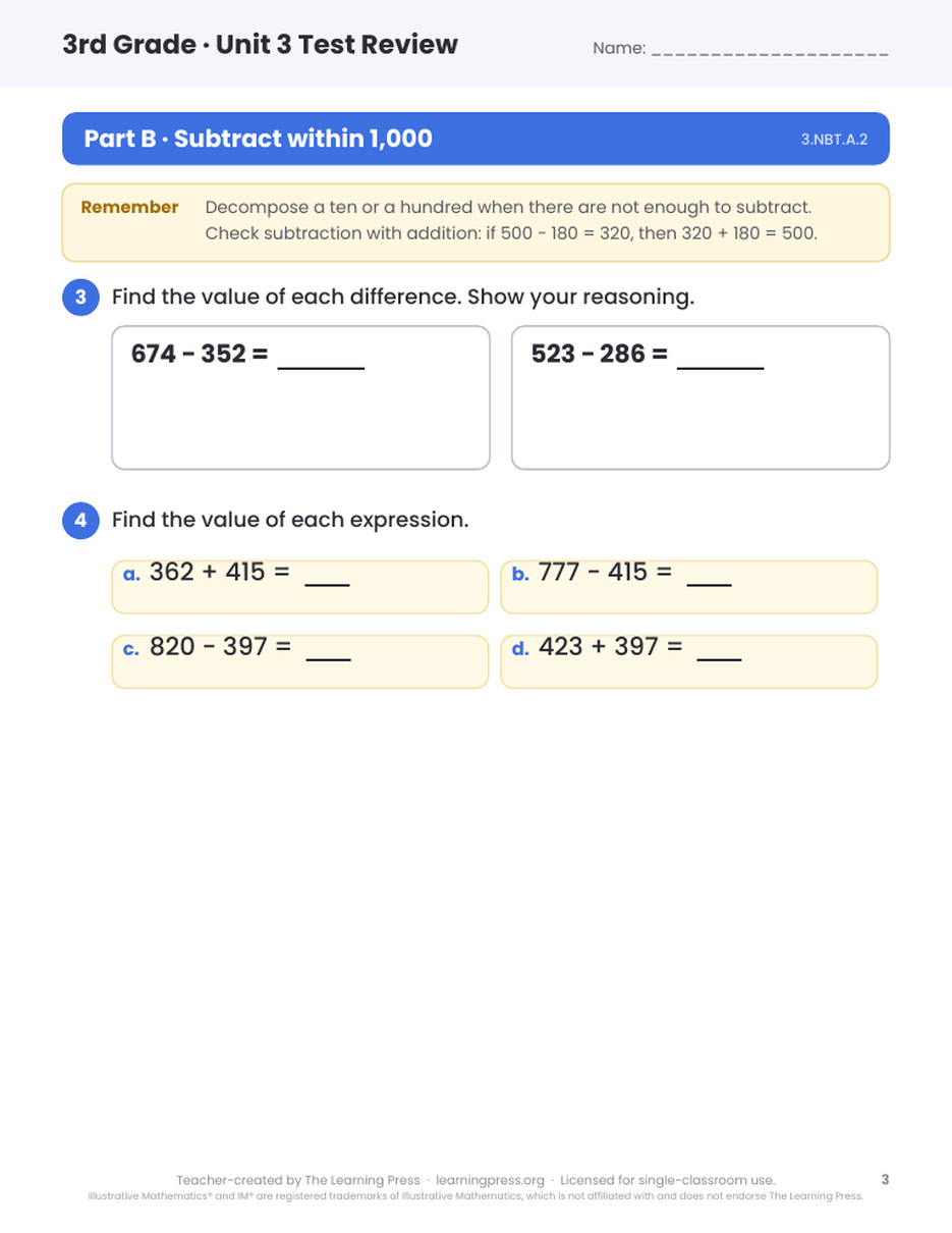 Preview page 2 of Illustrative Math (IM®) Aligned 3rd Grade Unit 3 Test Review