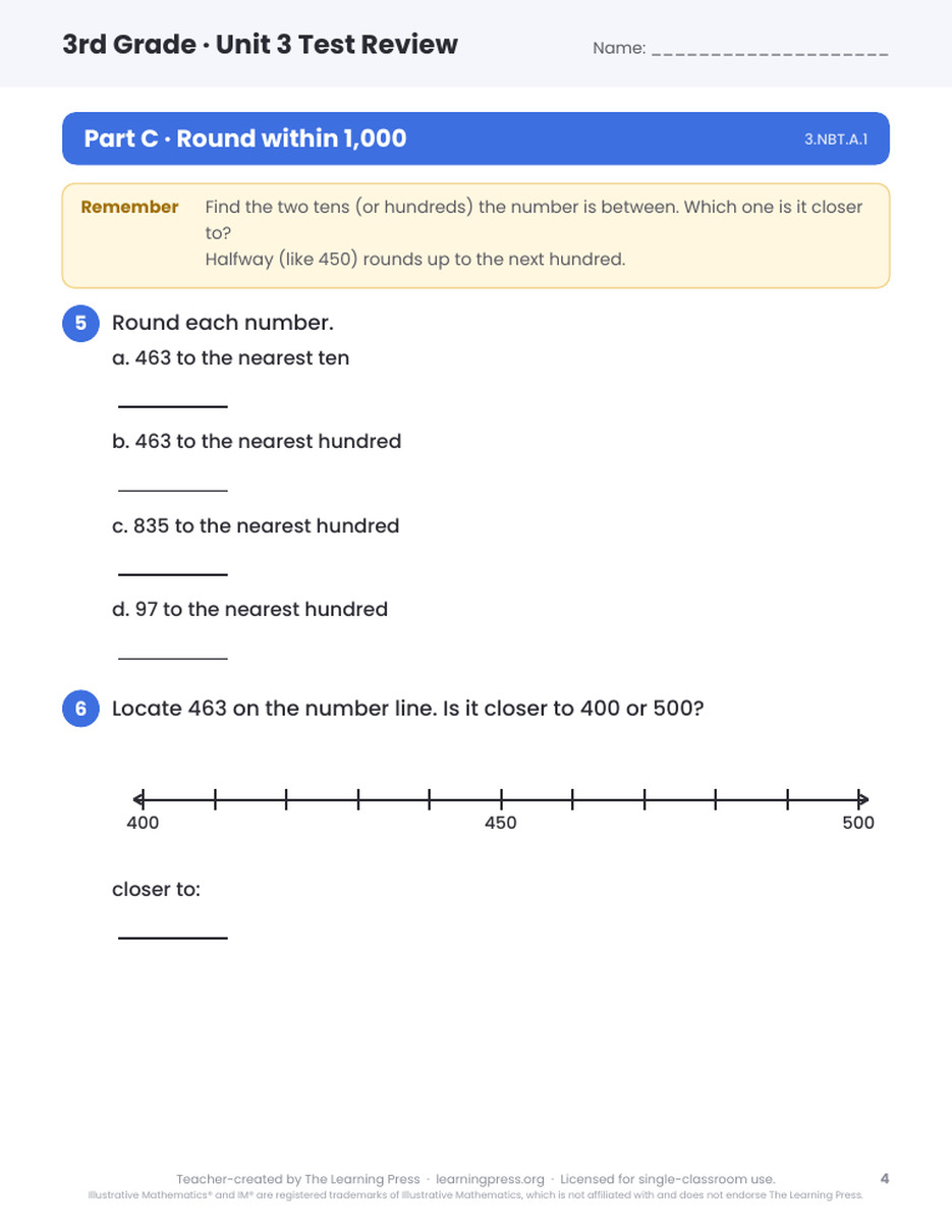 Preview page 3 of Illustrative Math (IM®) Aligned 3rd Grade Unit 3 Test Review