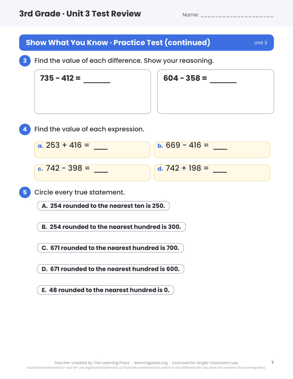 Preview page 4 of Illustrative Math (IM®) Aligned 3rd Grade Unit 3 Test Review