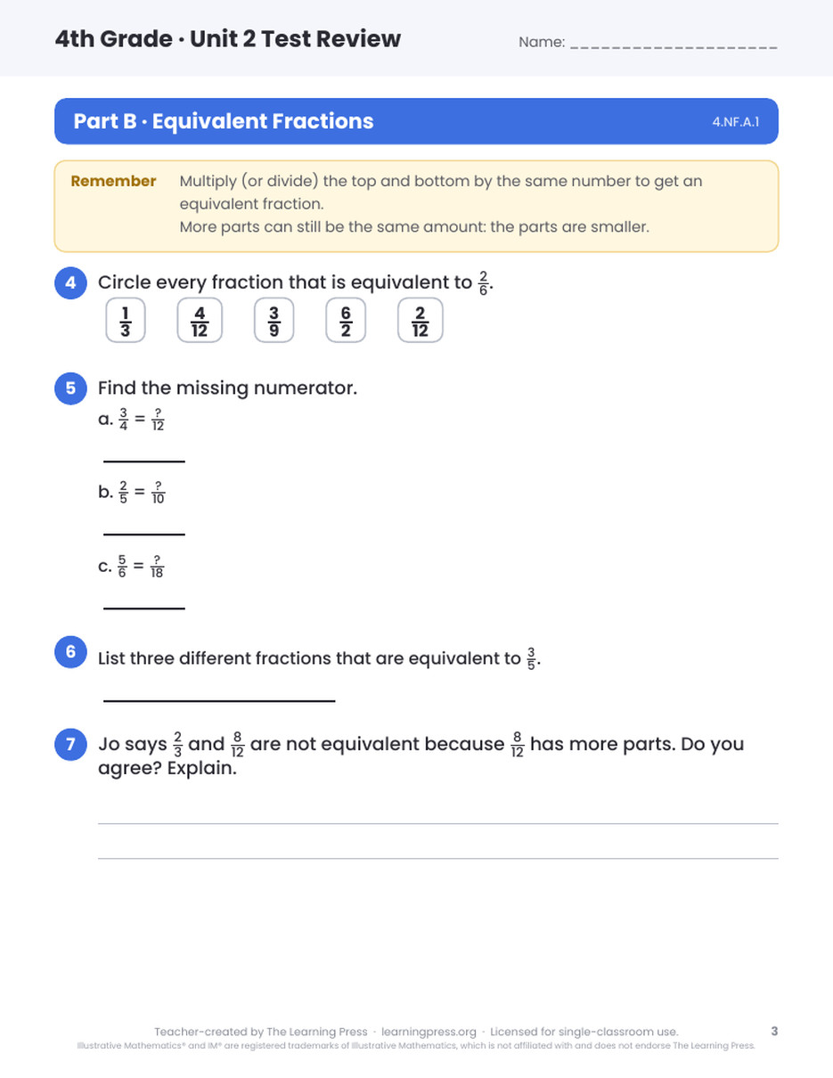 Preview page 2 of Illustrative Math (IM®) Aligned 4th Grade Unit 2 Test Review