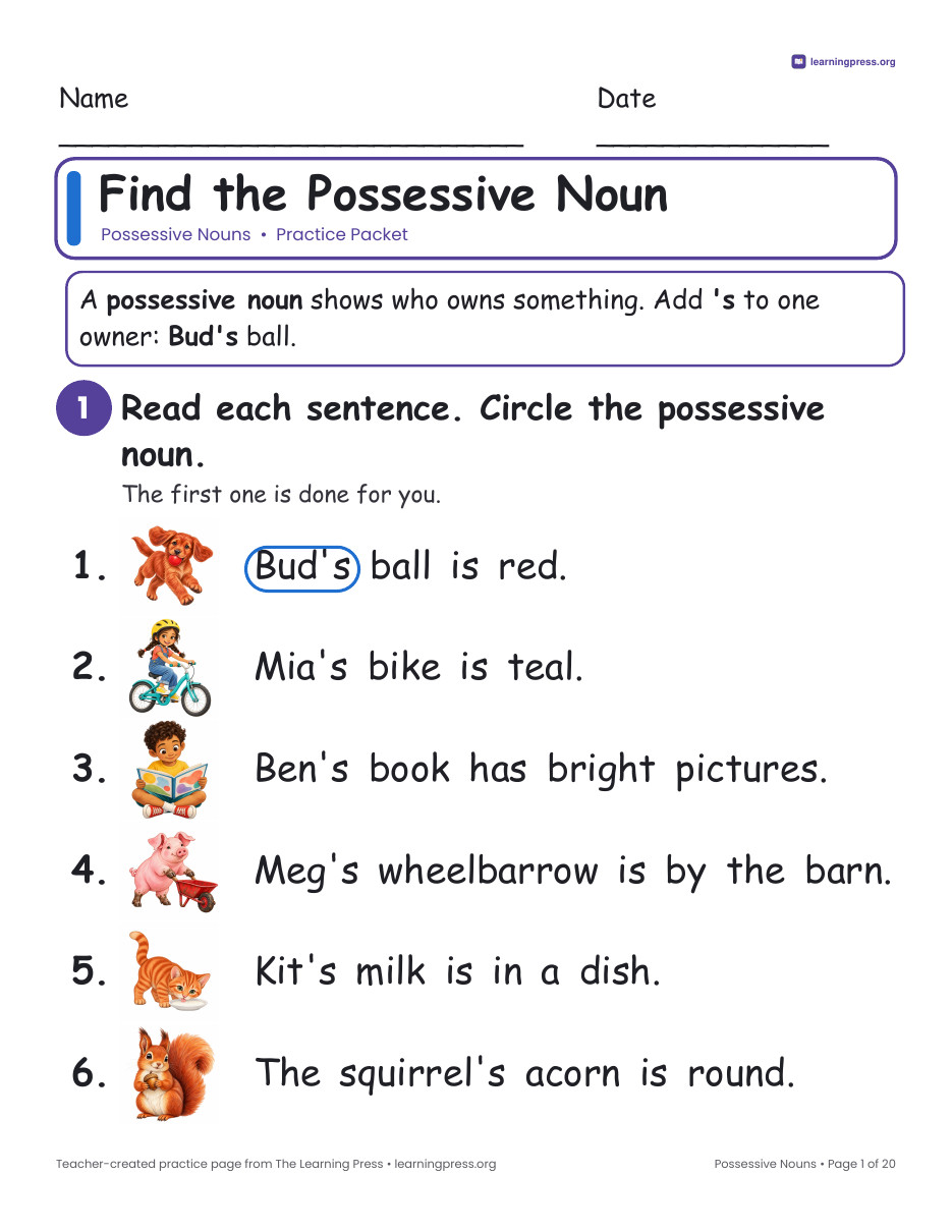 Preview page 1 of Grammar Bundle · Possessives, Prepositions, Nouns, Conjunctions