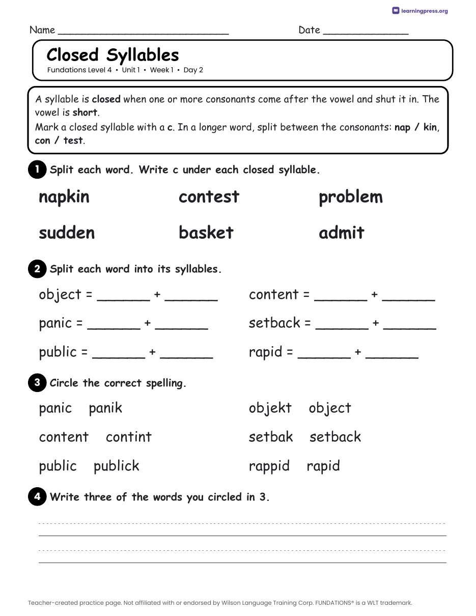 Preview page 1 of Fundations Level 4 Unit 1 Daily Lesson Work Pages