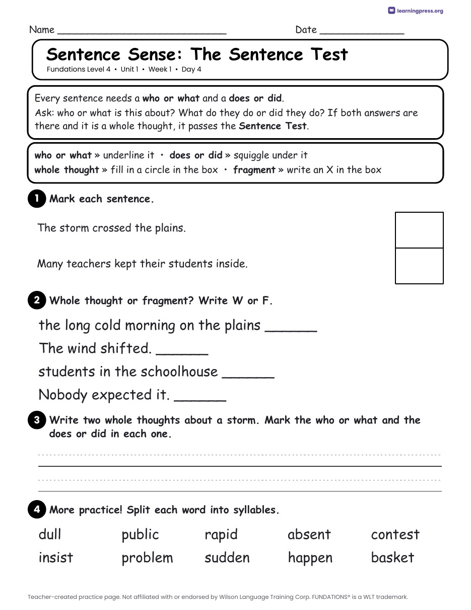 Preview page 2 of Fundations Level 4 Unit 1 Daily Lesson Work Pages