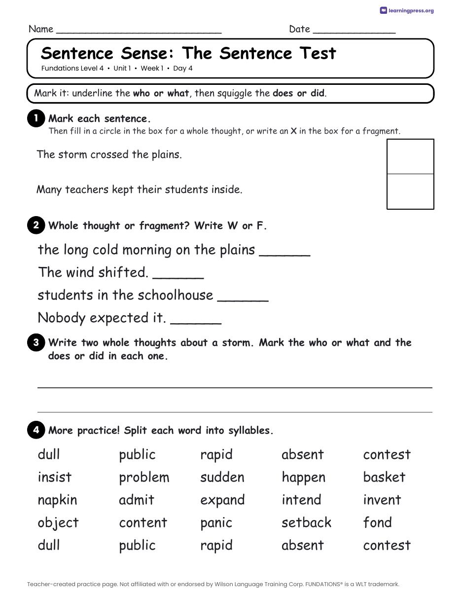 Preview page 2 of Fundations Level 4 Unit 1 Daily Lesson Work Pages