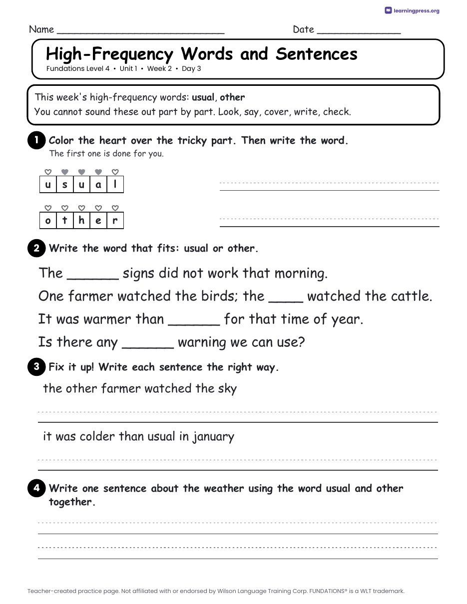 Preview page 4 of Fundations Level 4 Unit 1 Daily Lesson Work Pages