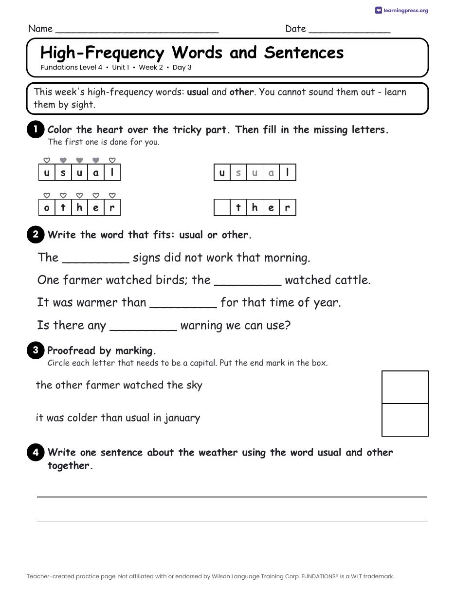 Preview page 4 of Fundations Level 4 Unit 1 Daily Lesson Work Pages
